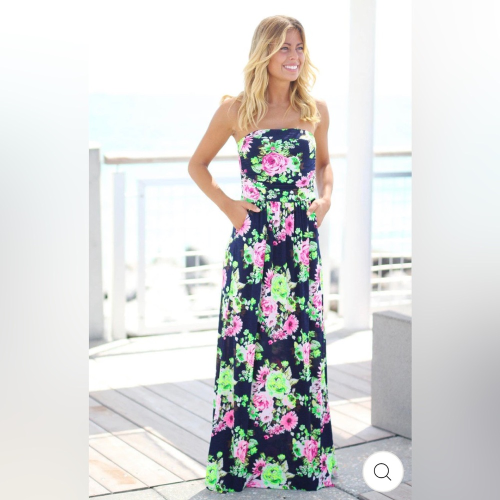 NAVY & NEON PINK FLORAL MAXI DRESS POCKETS, NWOT Medium Strapless Vanilla Bay
